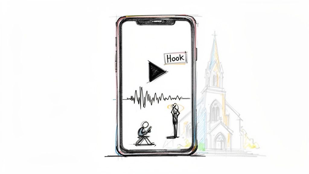 Sketch of a smartphone screen displaying a 'Hook' app, audio waveform, two stick figures, and a church.