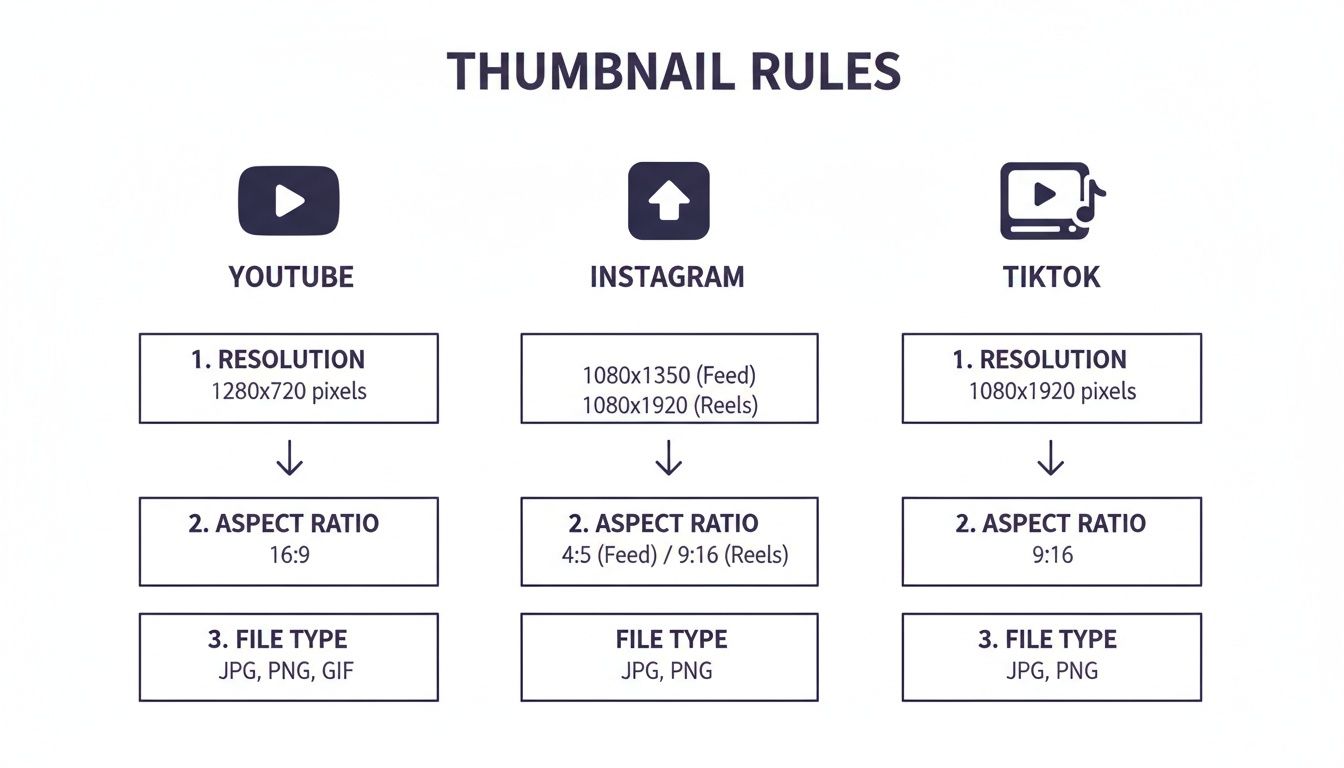 A chart detailing thumbnail rules for YouTube, Instagram, and TikTok, including resolution, aspect ratio, and file types.