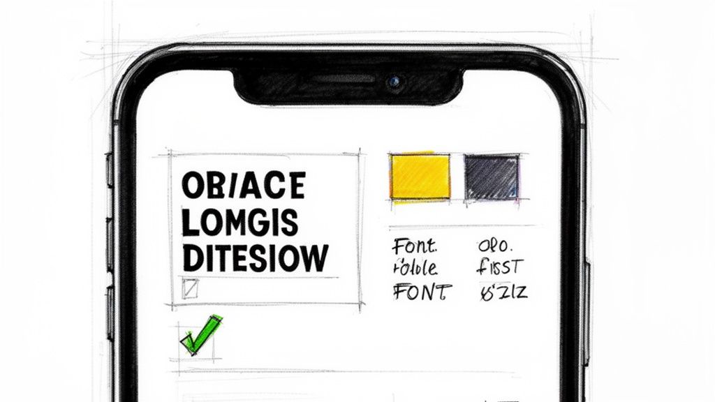 Hand-drawn sketch of a smartphone interface displaying design elements, placeholder text, color swatches, and checkboxes.