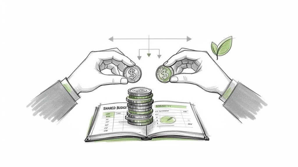 Illustration of two hands adding dollar coins to a shared budget book, indicating financial collaboration and growth.