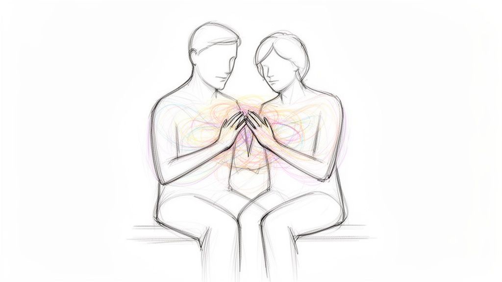 Sketch of two people with hands over chests, colorful energy swirls symbolizing deep connection.