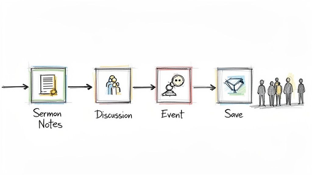 A hand-drawn process flow diagram showing steps: Sermon Notes, Discussion, Event, Save, leading to people.