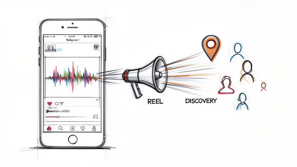 A diagram showing a smartphone with soundwaves, a megaphone broadcasting 'REEL' content leading to 'DISCOVERY' for an audience.