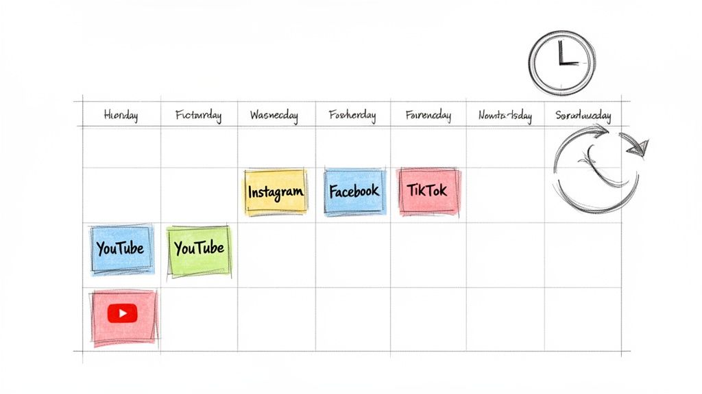 A hand-drawn calendar displays a social media posting schedule for YouTube, Instagram, Facebook, and TikTok.