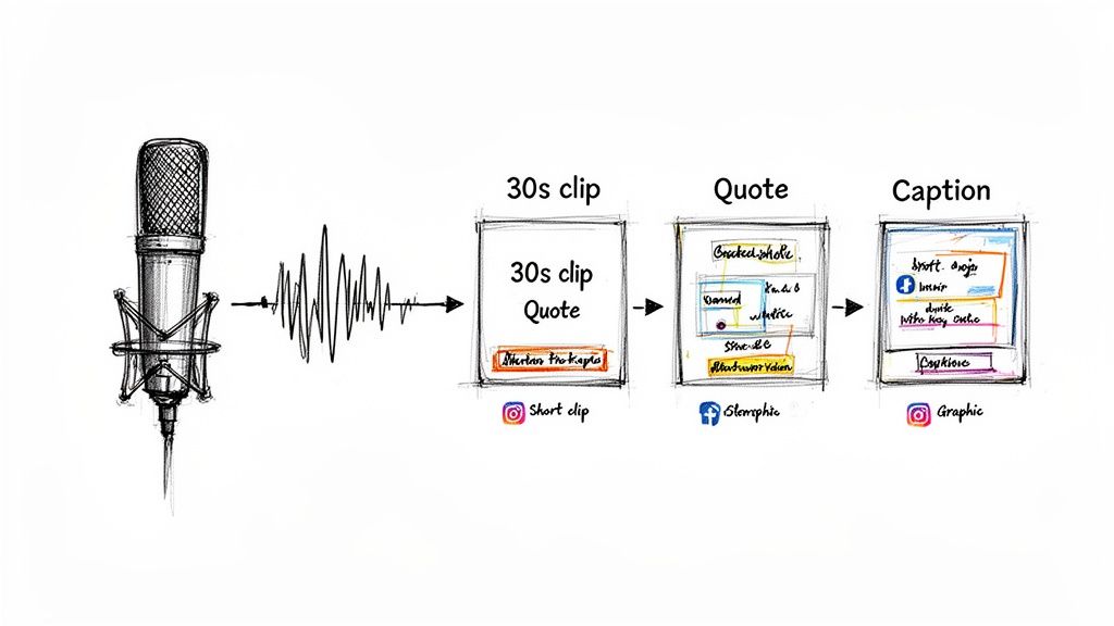 Flowchart showing audio content transformed into social media clips, quote graphics, and captions for platforms.