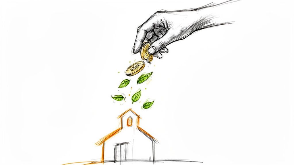Sketch of a hand dropping golden coins and green leaves into a simple church outline.