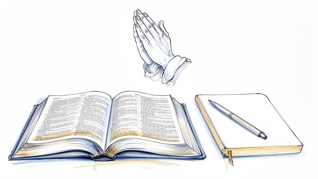 Sketch of an open Bible, praying hands, and a notebook with a pen, depicting devotion.
