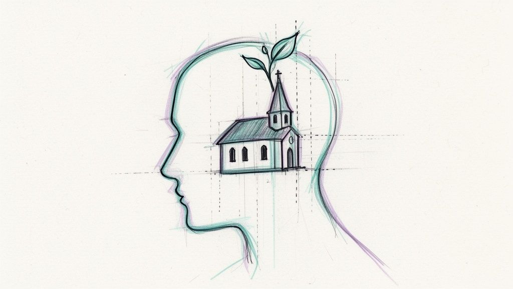 Sketch of a human head with a church inside and a plant growing from its steeple.