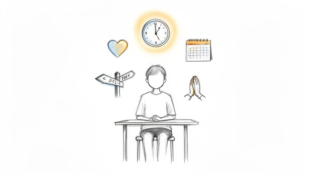 A person sits at a desk, surrounded by icons representing heart, time, calendar, choices, and prayer.