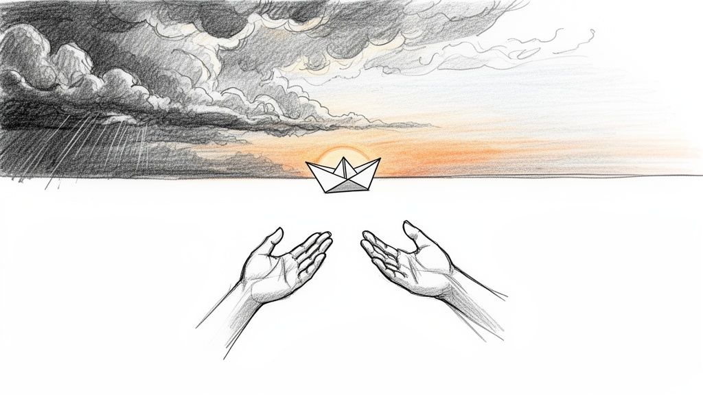A sketch showing hands reaching for a paper boat under a sky transitioning from stormy clouds to a sunset.