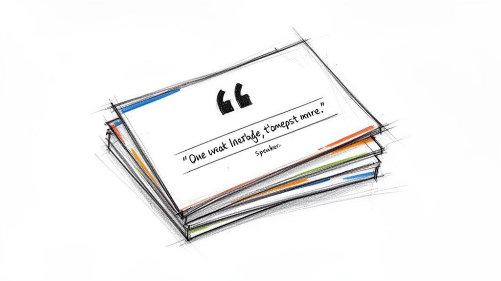 A sketch illustration showing a stack of quote cards with a placeholder text on the top card.