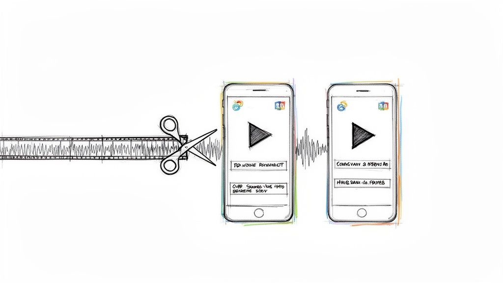 Hand-drawn illustration shows scissors cutting a film strip, which connects to two smartphones displaying video content.