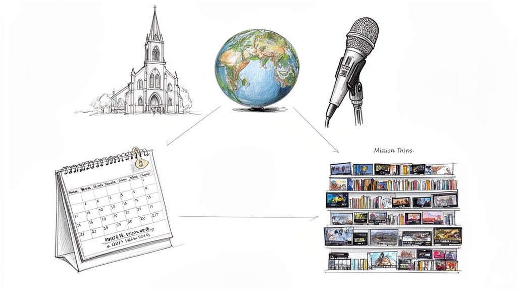 A sketch showing a church, globe, microphone, calendar, and bookshelf labeled 'Mission Trips', illustrating global missionary work.