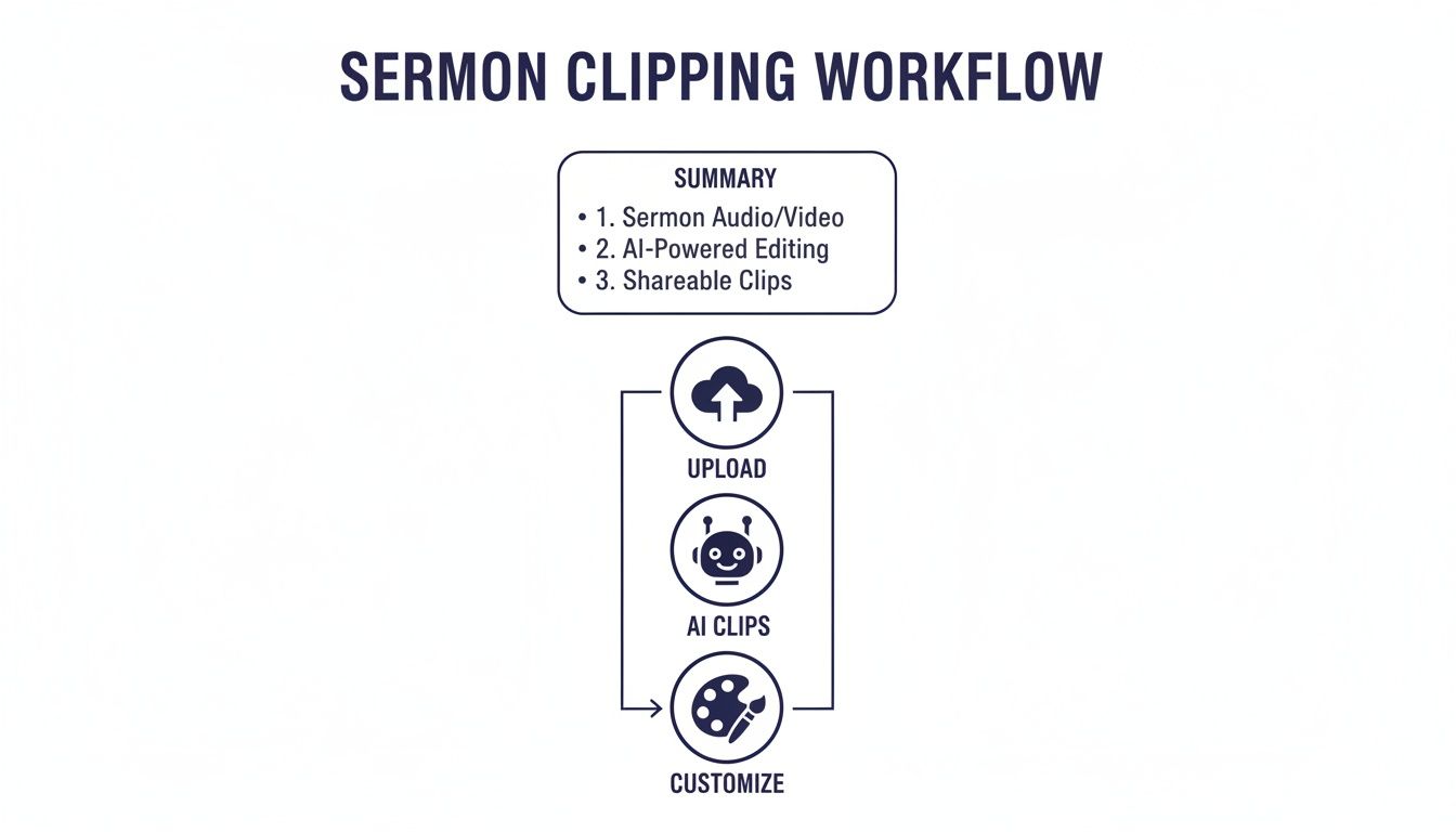 A workflow diagram illustrates steps to upload sermon audio/video, generate AI clips, and customize them.