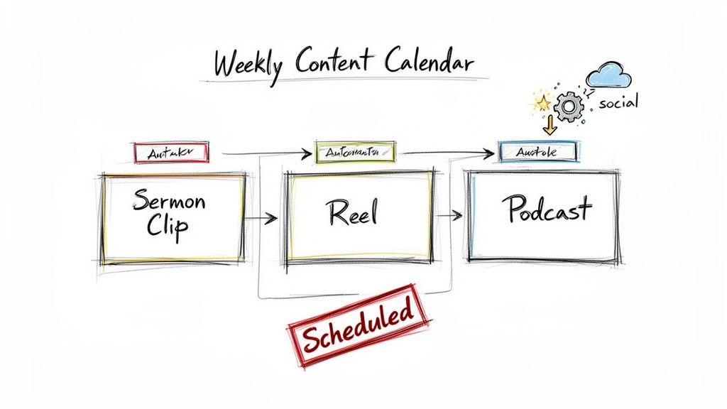 A handwritten weekly content calendar showing a workflow from sermon clip to reel to podcast, with social media icons.