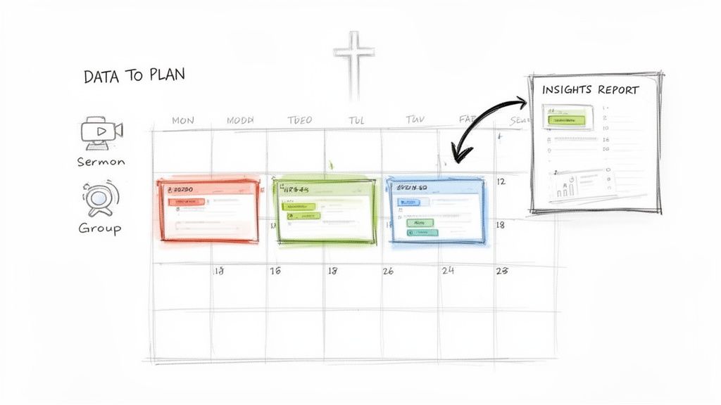 A sketch illustrating data to plan workflow, showing sermon and group data on a calendar leading to an insights report.