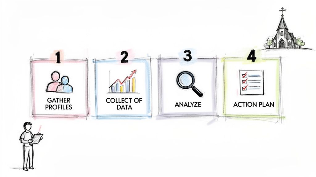 A four-step process for churches, including gathering profiles, collecting data, analyzing, and an action plan.