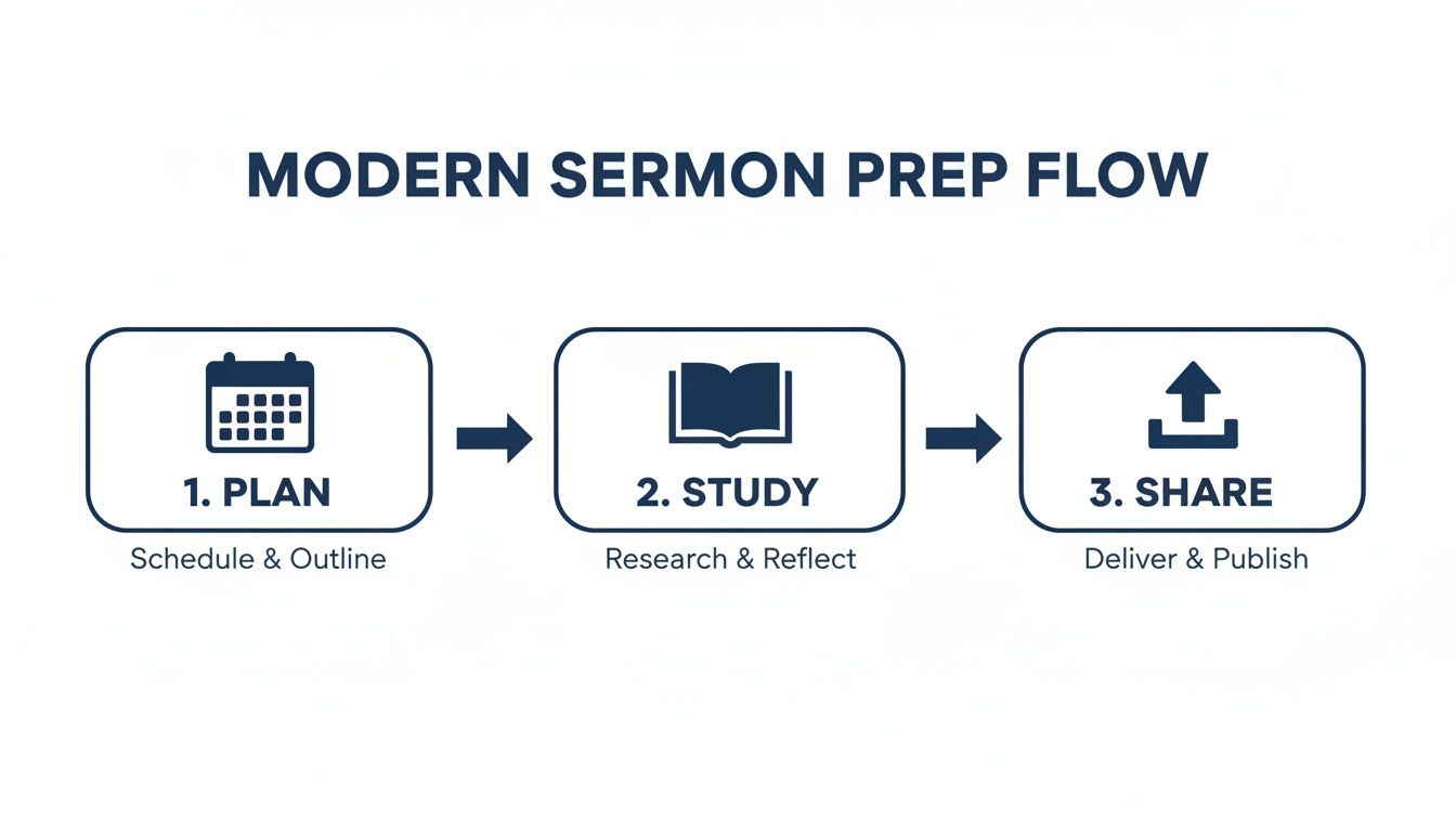 Flowchart showing a modern sermon preparation process with three steps: plan, study, and share.