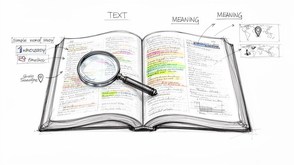 Sketch of an open book with notes, highlights, a magnifying glass, and diagrams for text analysis and meaning.