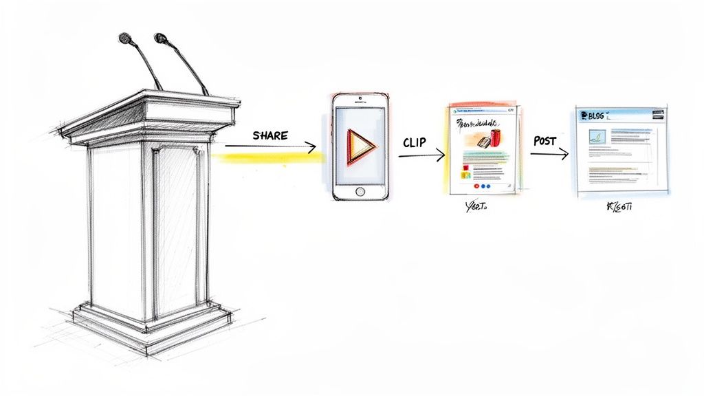 A diagram showing the process of sharing a podium speech, clipping it on a phone, and posting to a blog.