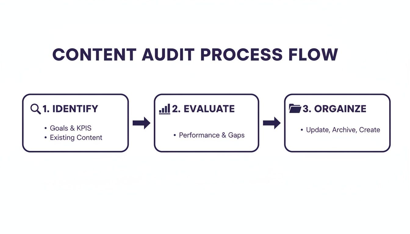 A desk with an open notebook, a tablet showing graphs, and a cup of coffee, suggesting a content audit in progress.