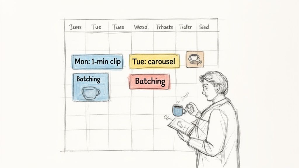 A person holds a coffee, planning content on a calendar with tasks like 'batching' and '1-min clip'.