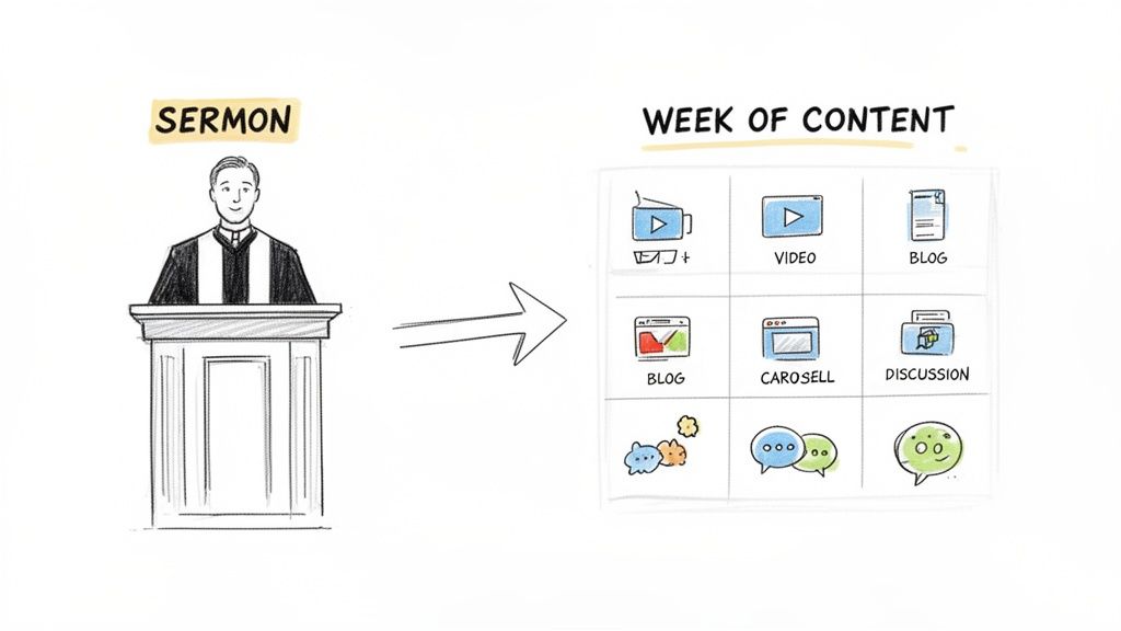 A sermon evolving into diverse digital content like videos, blogs, carousels, and discussions for a week.