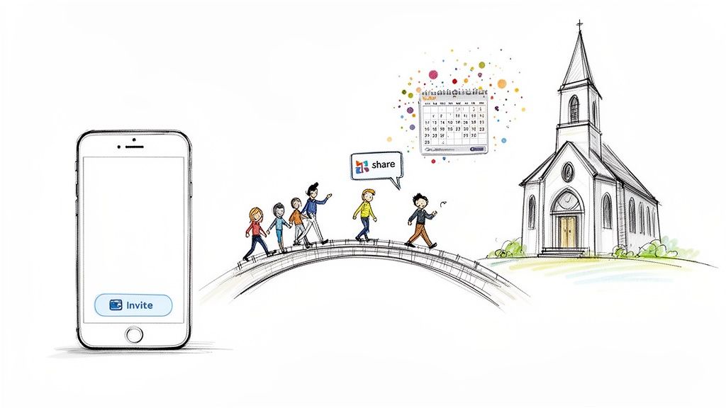 An illustration showing a phone with an 'Invite' button, people walking on a bridge towards a church, with a calendar and 'share' bubble.