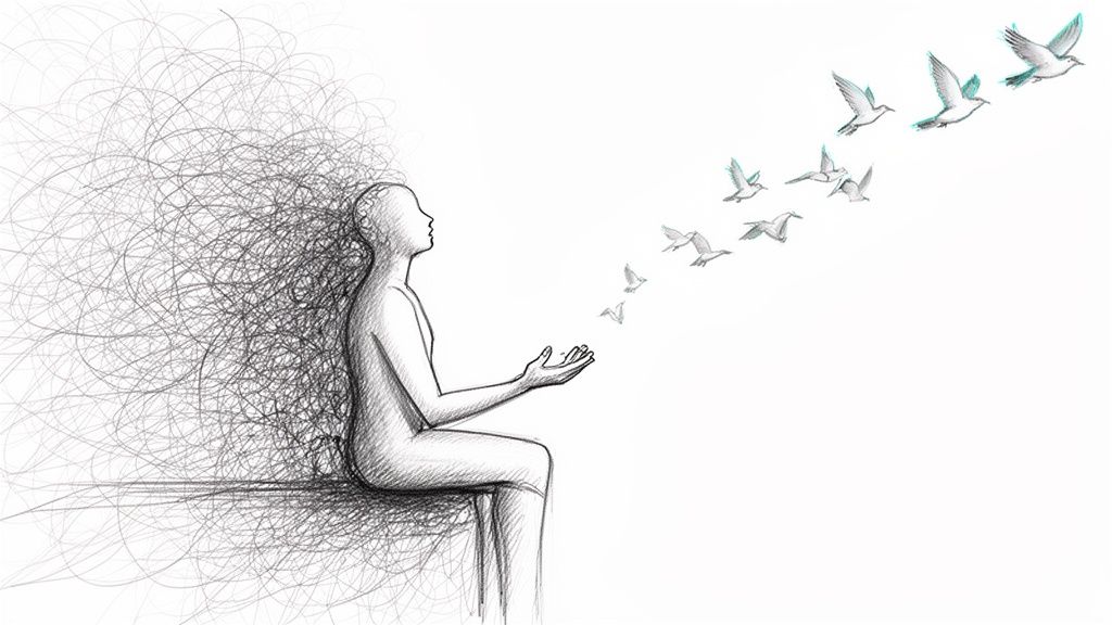 A person releasing tangled, chaotic thoughts as birds fly away, symbolizing mental release and freedom.