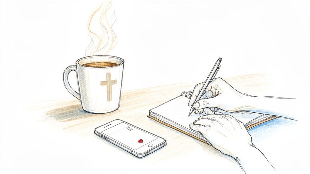 An illustration of hands writing in a journal next to a steaming mug with a cross and a smartphone.