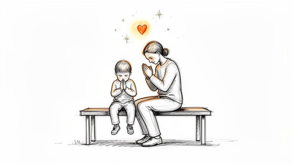 A sketch of a mother and child praying on a bench, with a glowing heart and stars above them.