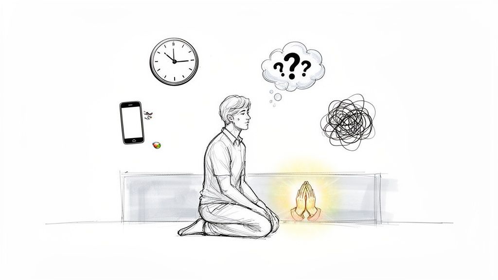 A person kneeling in prayer, surrounded by common distractions like a clock, phone, and tangled thoughts.