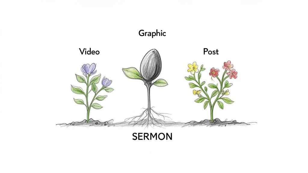 An illustration showing a sermon's roots transforming into graphic, video, and post content formats.