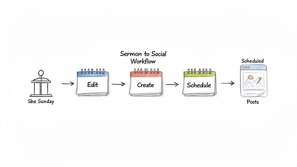 A diagram illustrating the workflow from a Sunday sermon to scheduled social media posts.