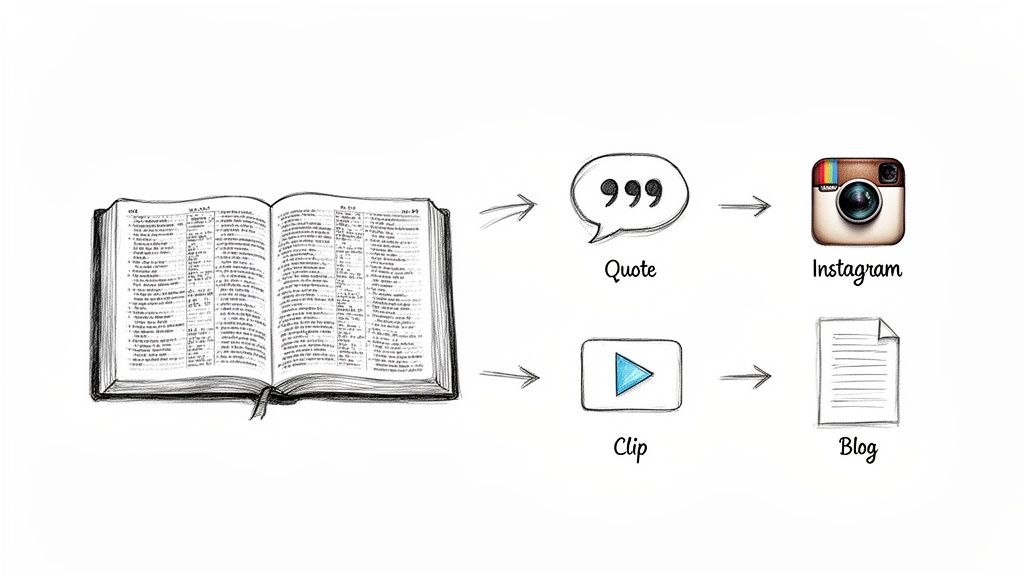 Diagram illustrating content repurposing: a book transforms into Instagram quotes and blog clips.