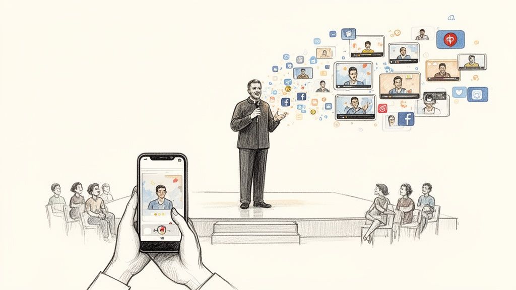 Illustration of a speaker being filmed live, with his presentation shared across various social media platforms.