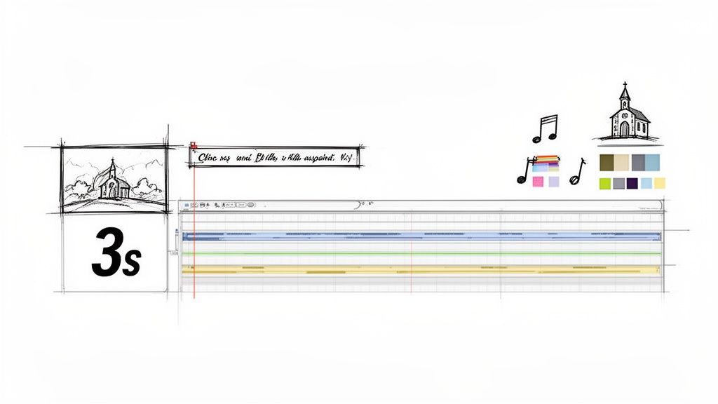 Sketches for sermon video editing, showing a church, music, colors, text, and a timeline with a 3-second clip.