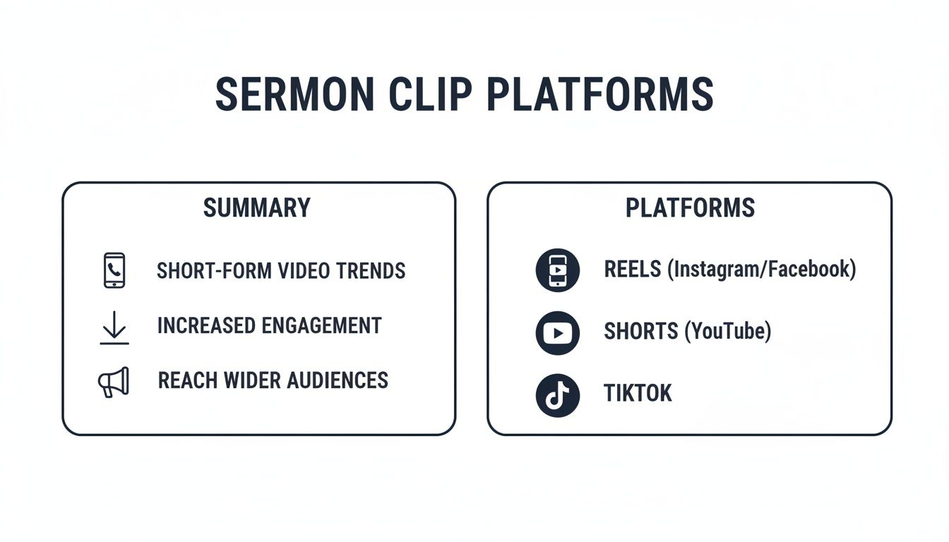 Infographic summarizing the benefits and listing popular platforms for sermon video clips, like Reels, Shorts, and TikTok.