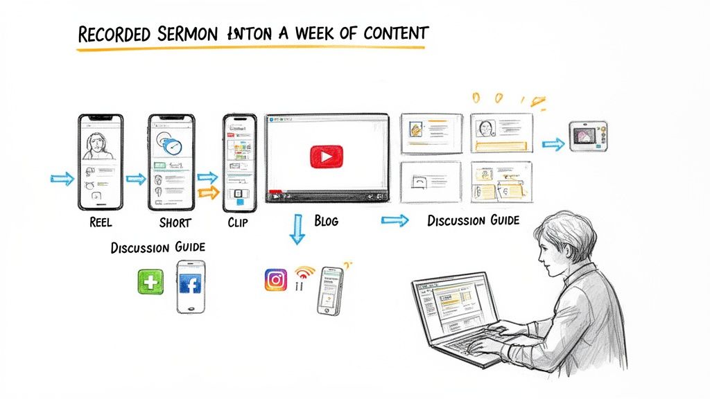 Flowchart shows repurposing a recorded sermon into a week of diverse digital content like videos, blogs, and guides.