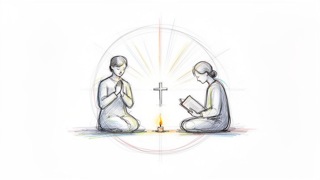 Pencil sketch of two people praying and reading a bible with a cross and candle.