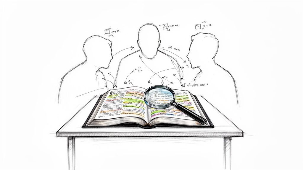 Three individuals analyze a highlighted book with a magnifying glass, symbolizing collaborative study or research.