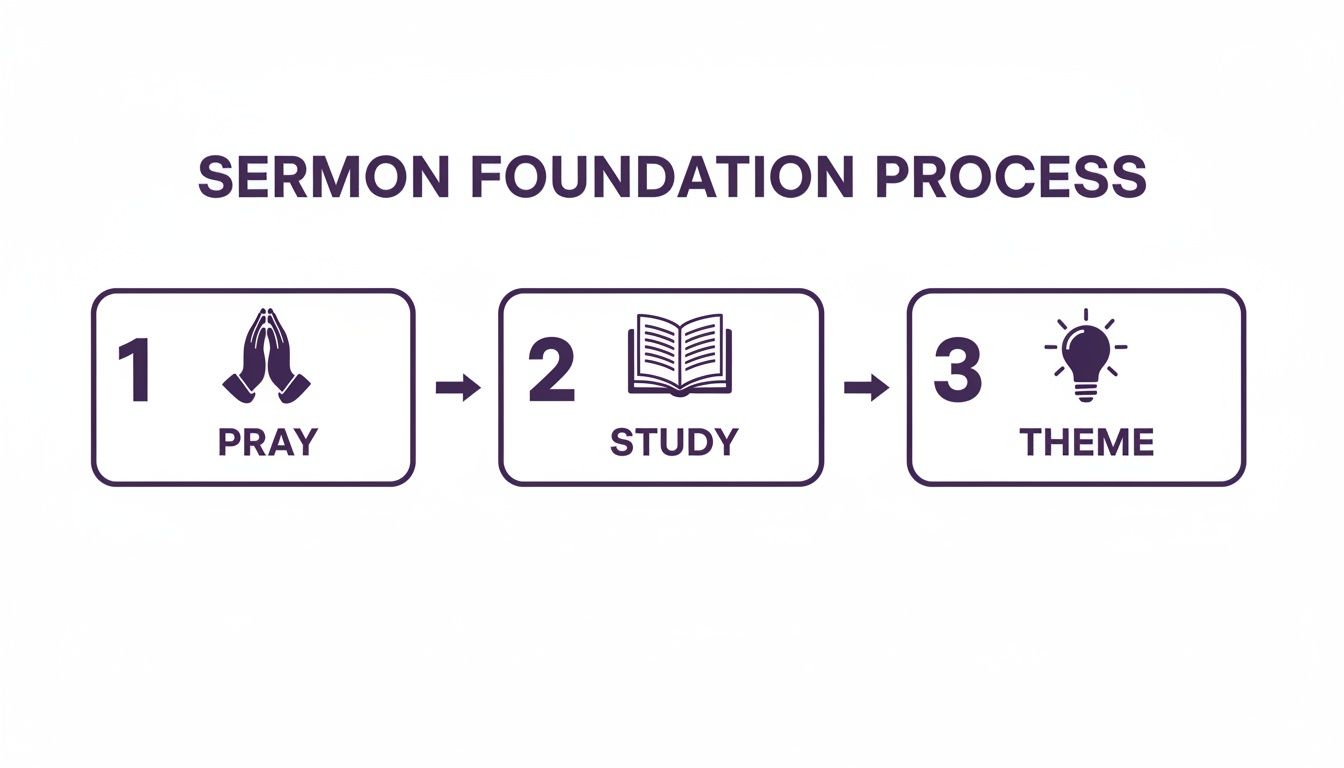 A clear diagram showing the three-step sermon foundation process: 1. Pray, 2. Study, and 3. Theme.