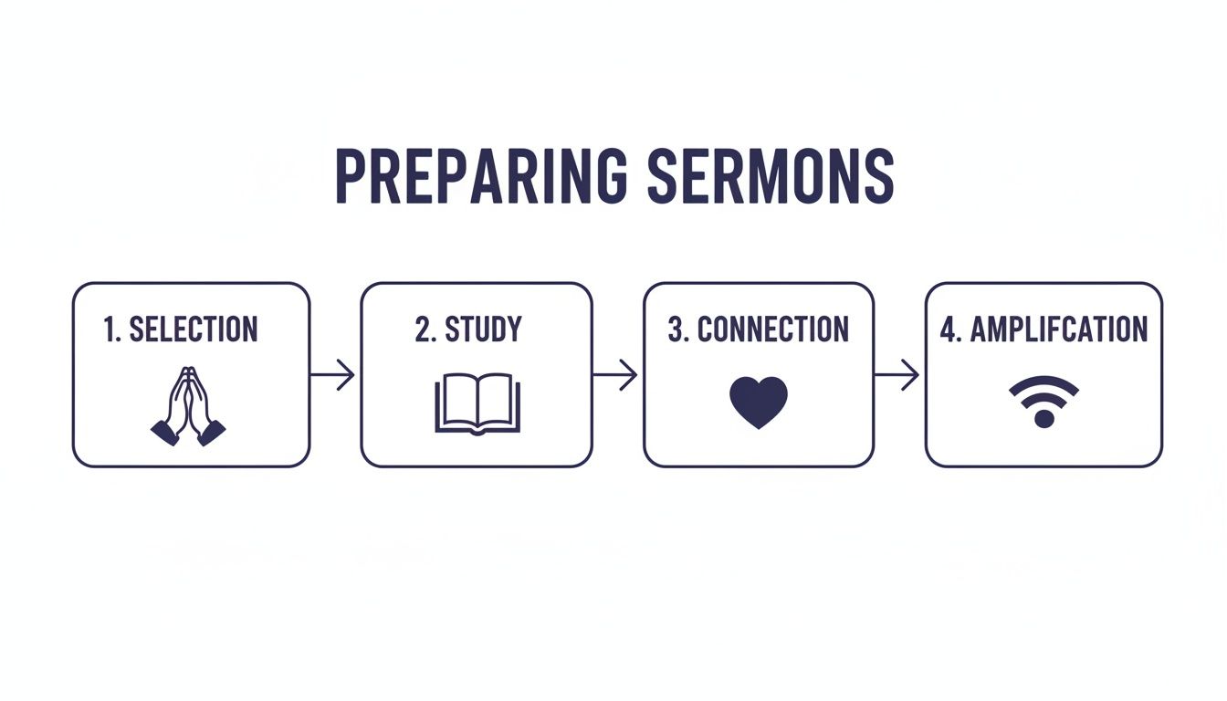 A flowchart illustrating four sequential steps for preparing sermons: selection, study, connection, and amplification.