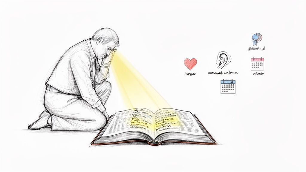 A man kneels studying an illuminated open book, surrounded by icons for thought, communication, and learning.