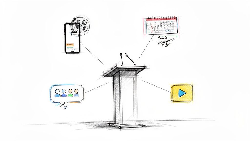 A sketch of a podium with microphones, connected to icons for communication, scheduling, recording, and playback.