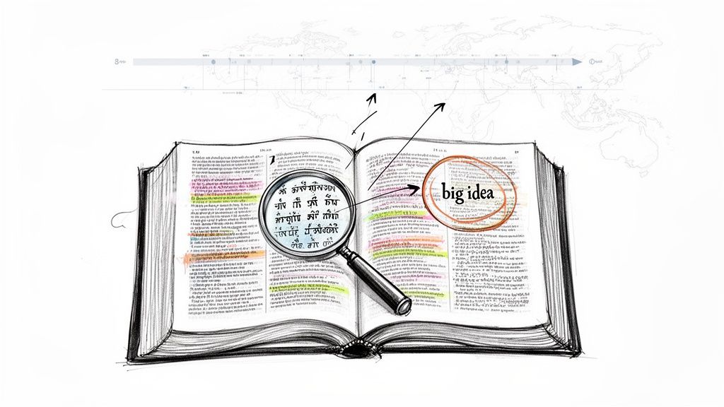 A sketch of an open book with a magnifying glass, highlighting a 'big idea'.