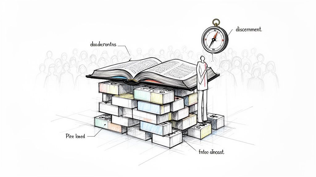 A sketch of a person standing on blocks, an open book, and a compass representing discernment, with an audience.