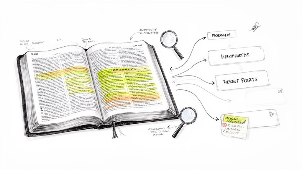 A detailed sketch of an open book with highlighted text, magnifying glasses, and associated handwritten notes, illustrating a study process.