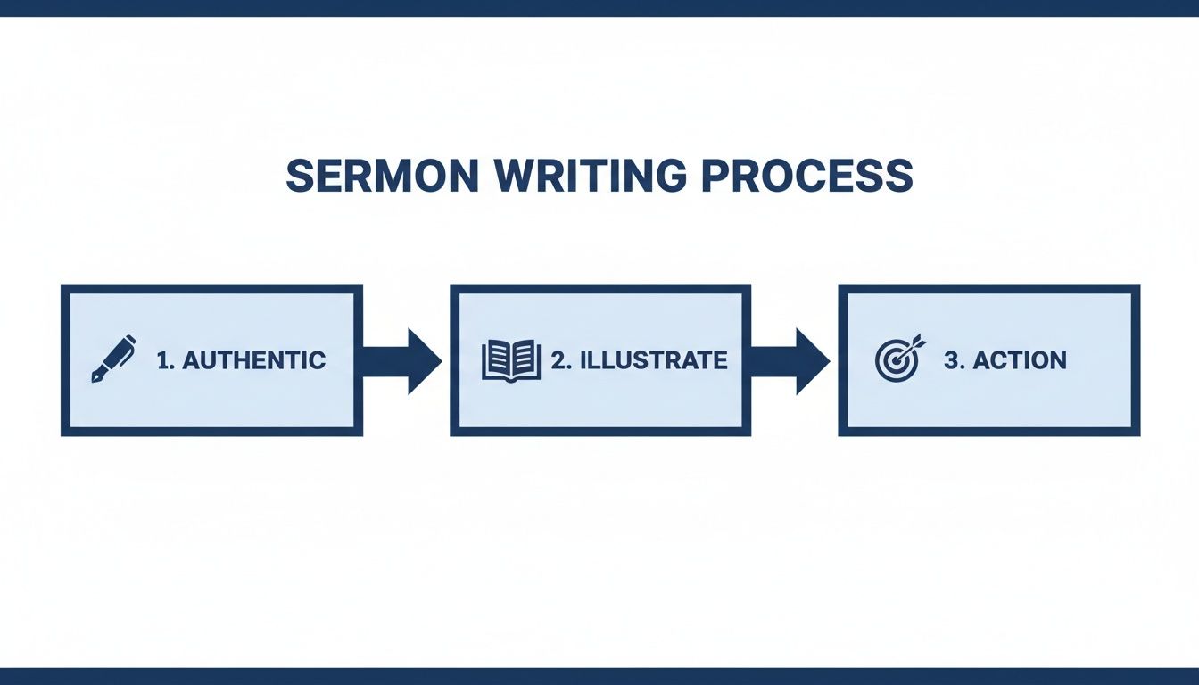 A visual guide to the sermon writing process showing three sequential steps: Authentic, Illustrate, and Action.
