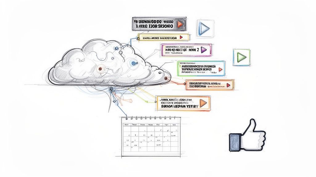 A hand-drawn sketch of a cloud connected to video player boxes, a calendar, and a thumbs-up icon.